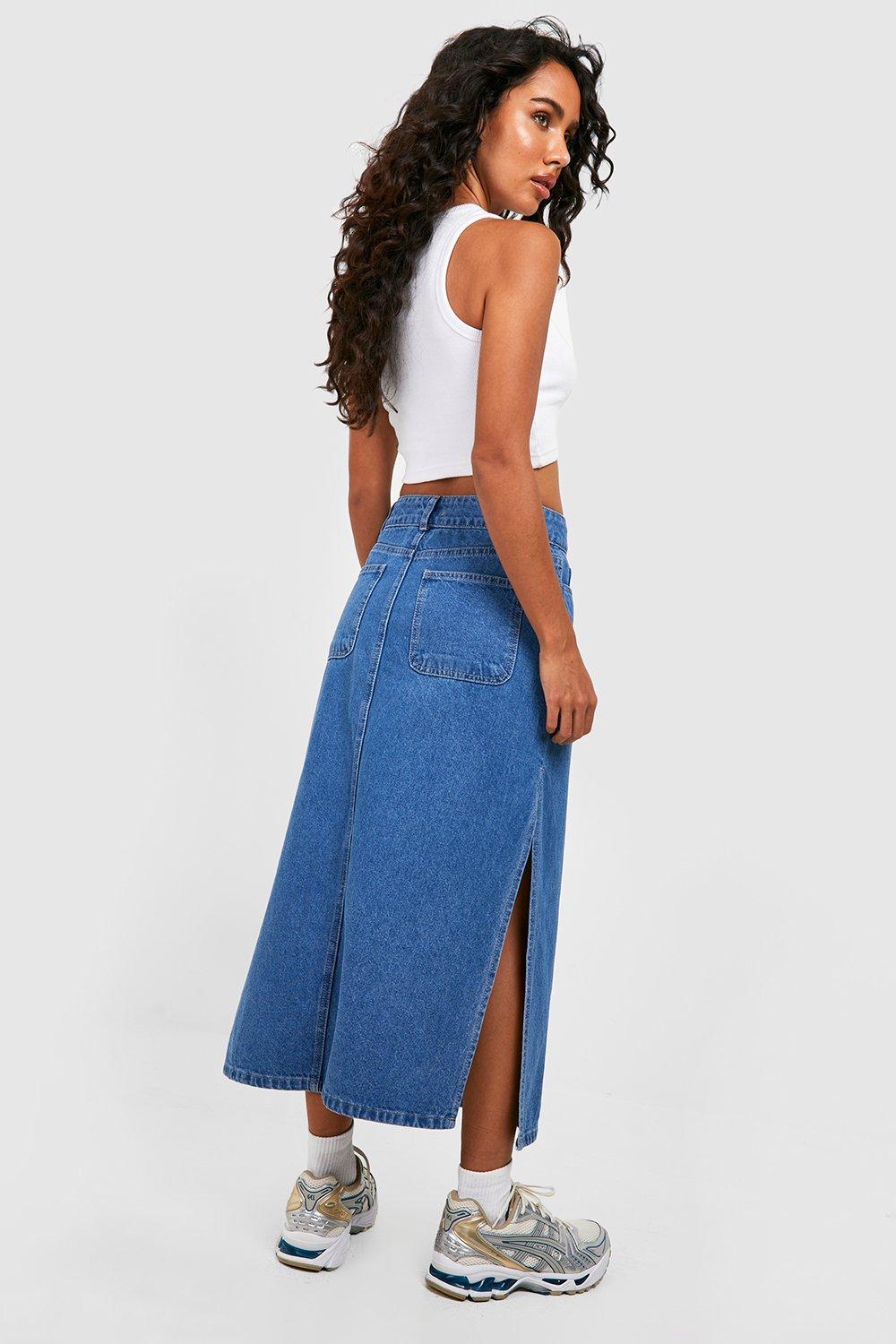 Side Split Denim Midi Skirt